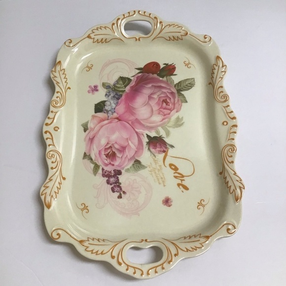 Floral Serving Tray Melamine Handles Cream Pink Peonies Tea Vanity Serving NEW - Picture 3 of 14